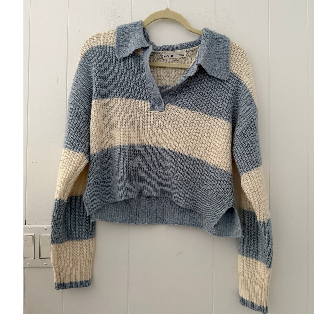 Elodie Striped Ribbed Polo Sweater Blue Cream XS ELSS4239P